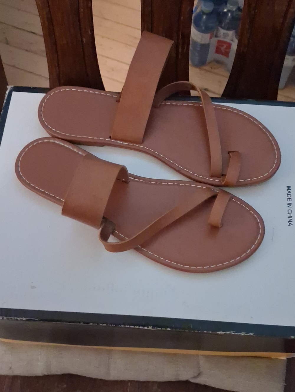 Women's Tan Leather Toe-Loop Slide Sandals